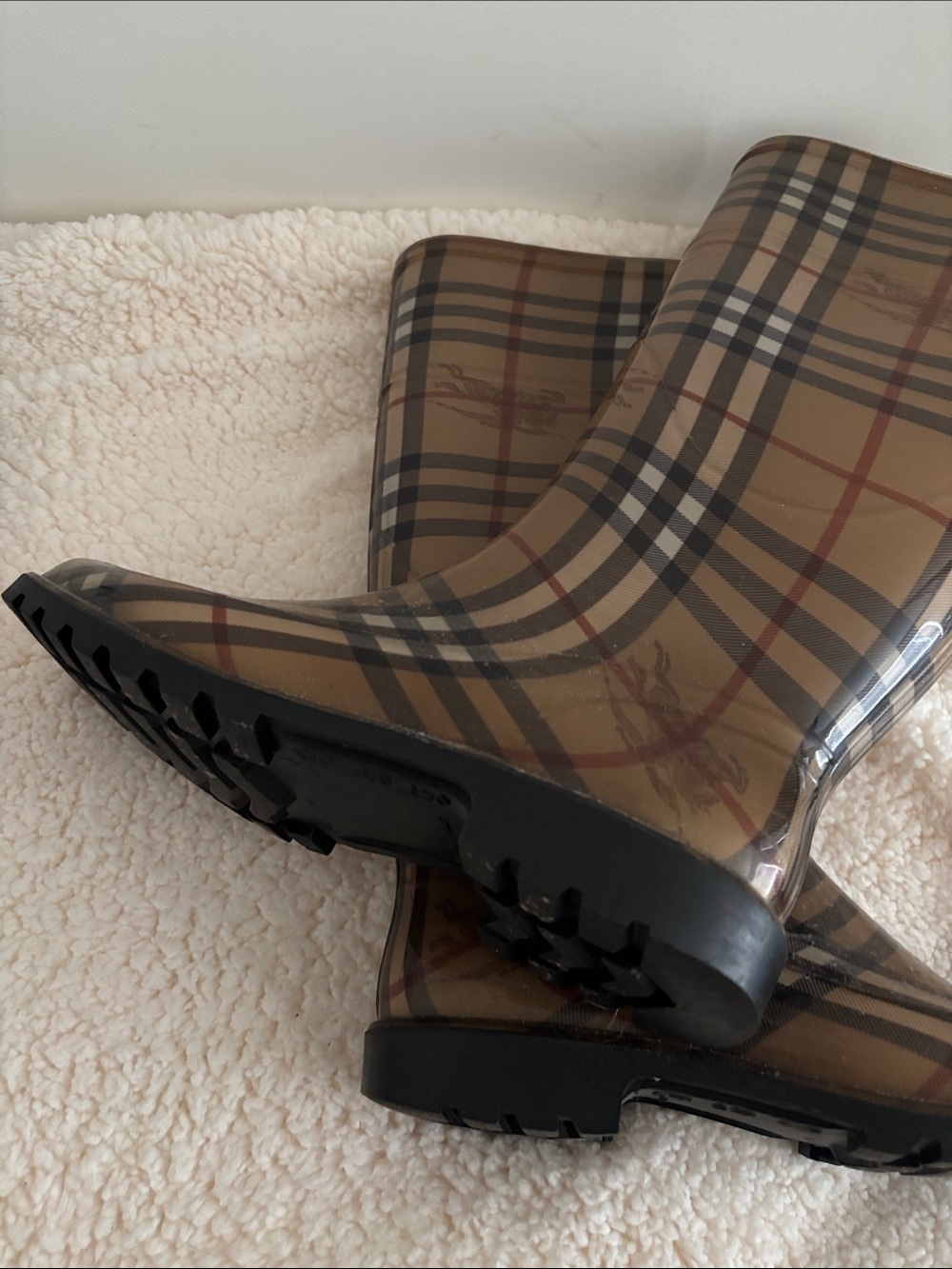 Burberry Tan Plaid Glossy Tall Rain Boots - Picture 5 of 6